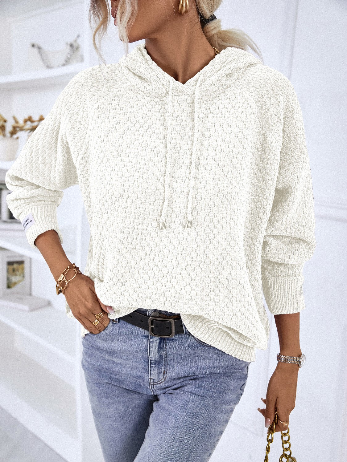 Texture Drawstring Long Sleeve Hooded Sweater - Image 13