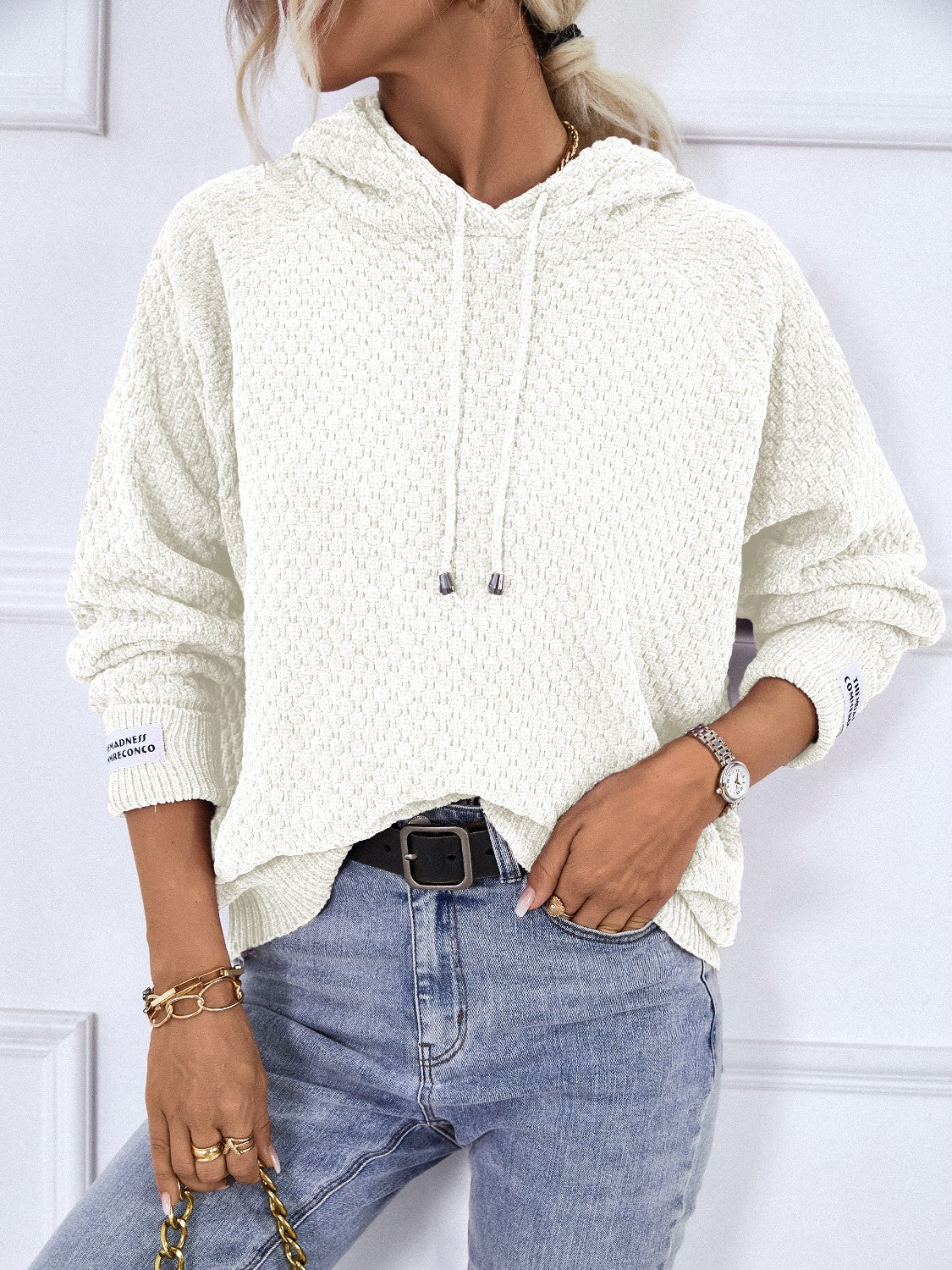 Texture Drawstring Long Sleeve Hooded Sweater - Image 14
