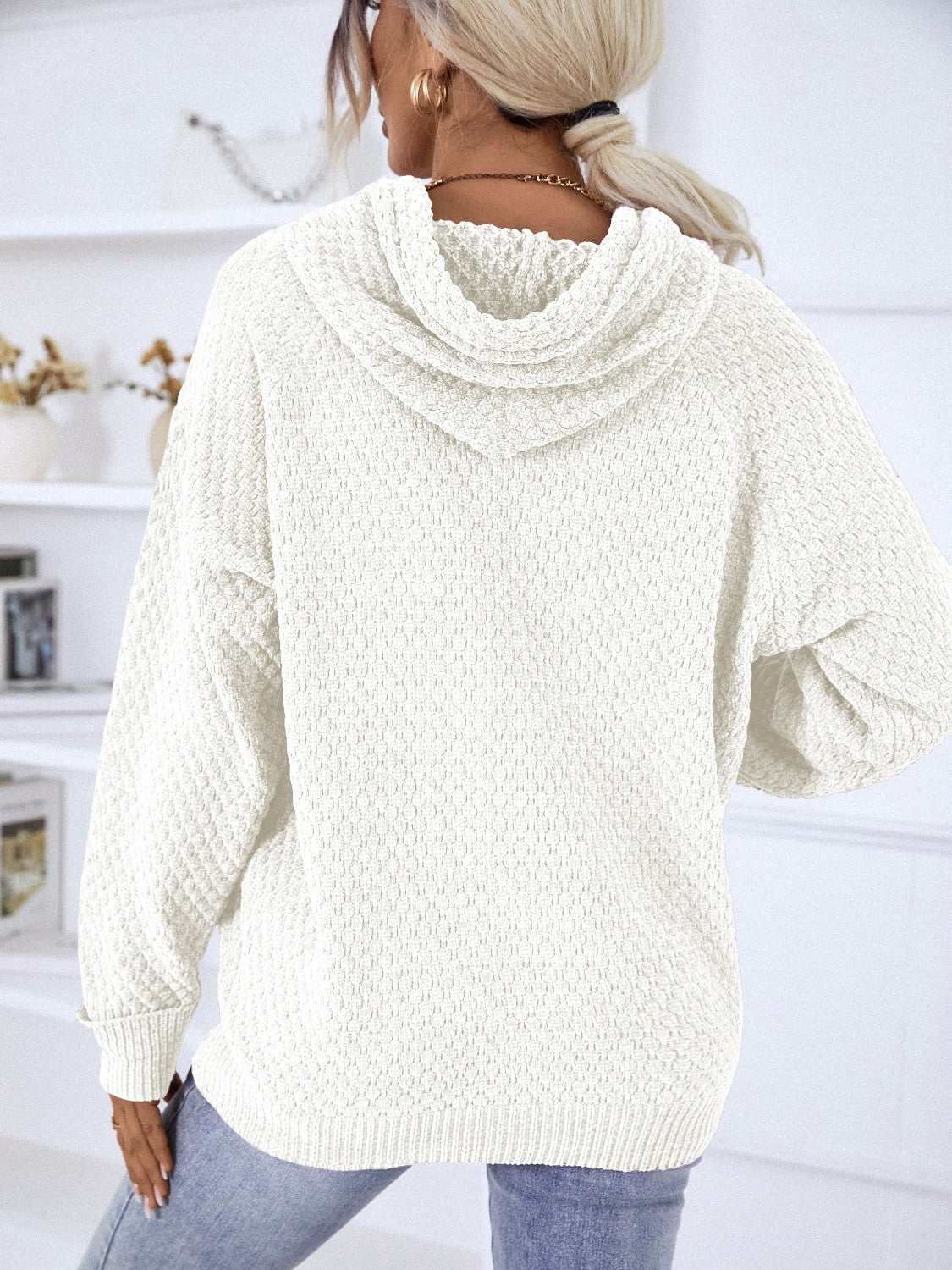 Texture Drawstring Long Sleeve Hooded Sweater - Image 15