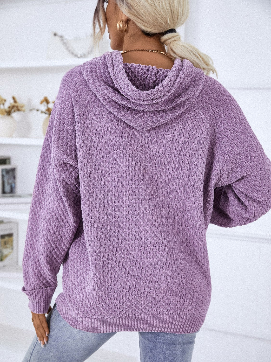 Texture Drawstring Long Sleeve Hooded Sweater - Image 2