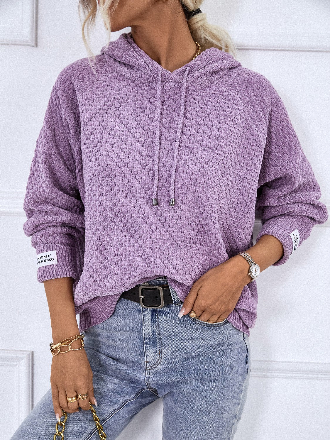 Texture Drawstring Long Sleeve Hooded Sweater - Image 3
