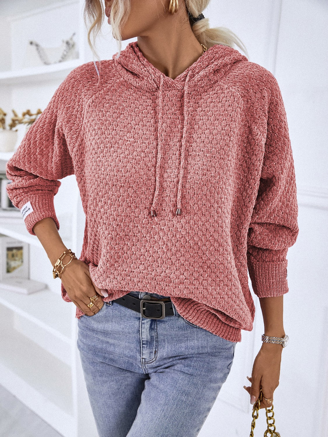 Texture Drawstring Long Sleeve Hooded Sweater - Image 4