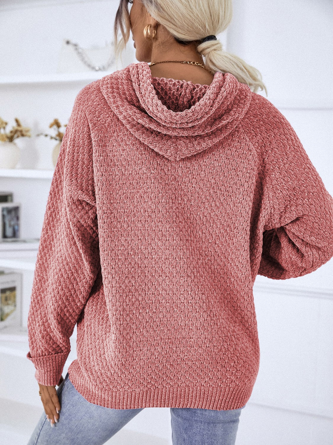 Texture Drawstring Long Sleeve Hooded Sweater - Image 6