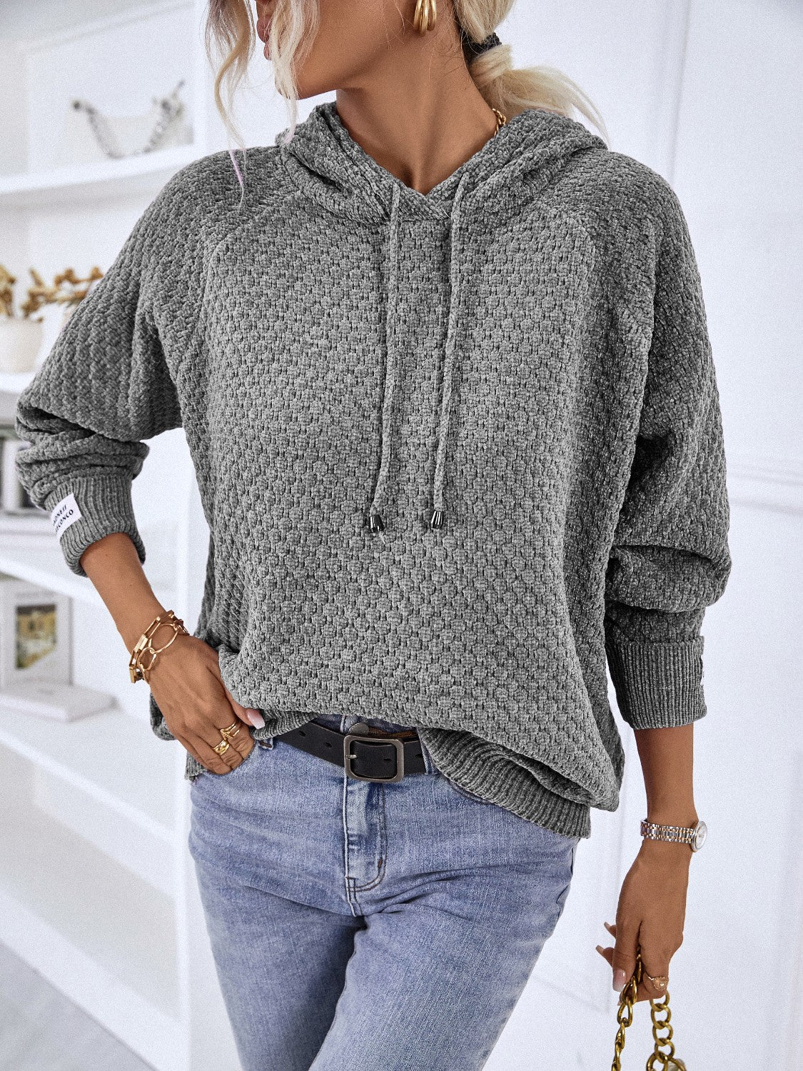 Texture Drawstring Long Sleeve Hooded Sweater - Image 7