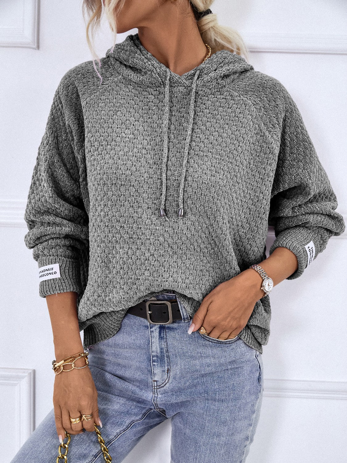 Texture Drawstring Long Sleeve Hooded Sweater - Image 8