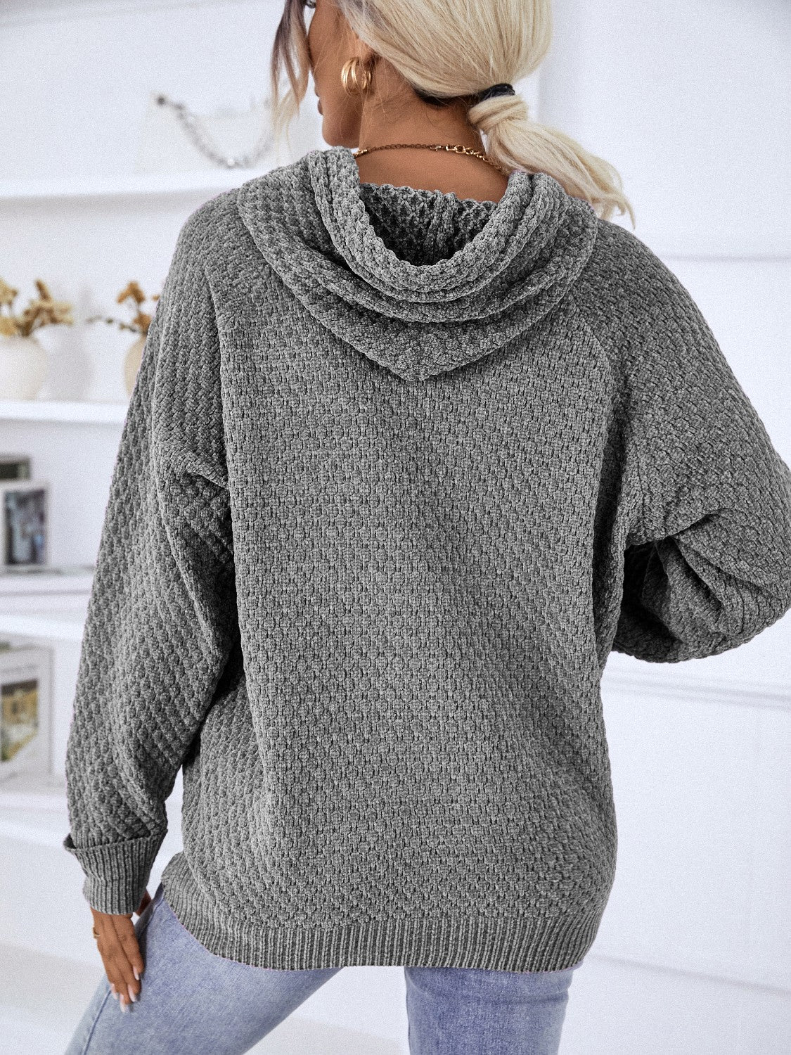 Texture Drawstring Long Sleeve Hooded Sweater - Image 9