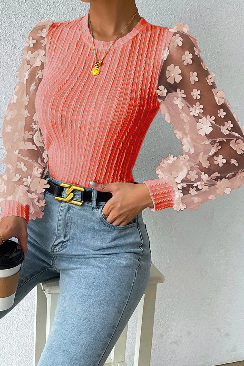 Textured Applique Long Sleeve Blouse - Image 13