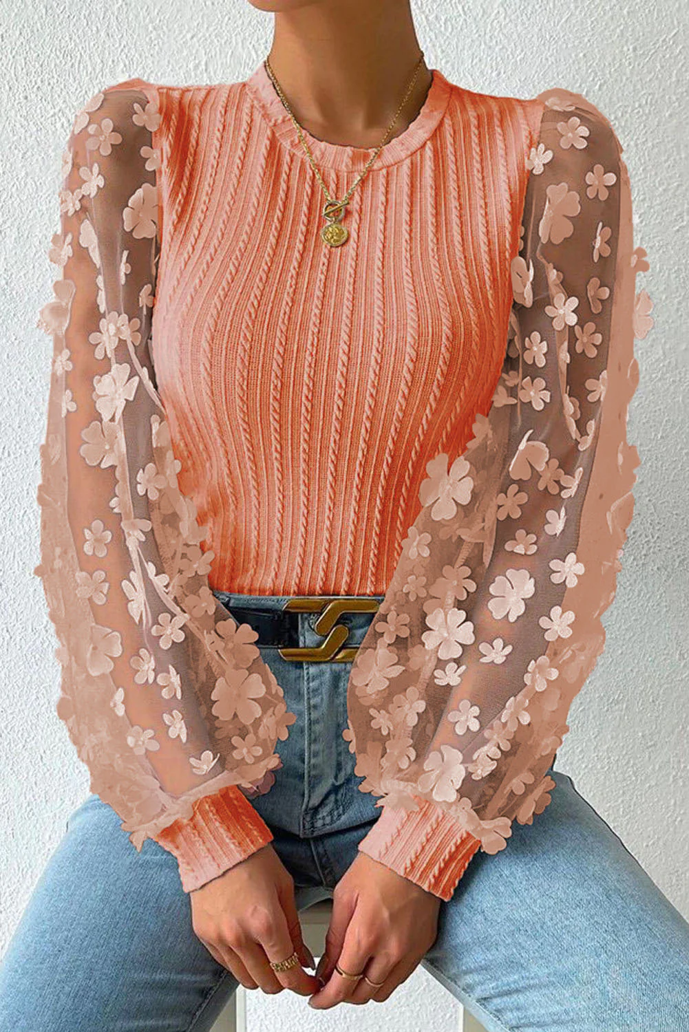 Textured Applique Long Sleeve Blouse - Image 14