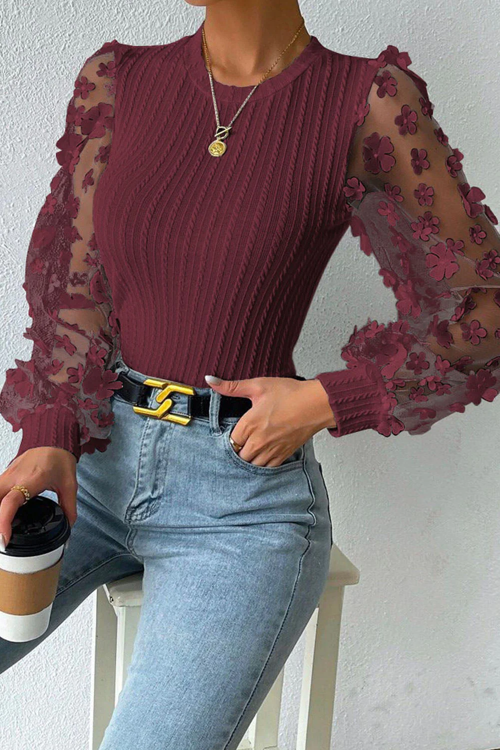 Textured Applique Long Sleeve Blouse - Image 16