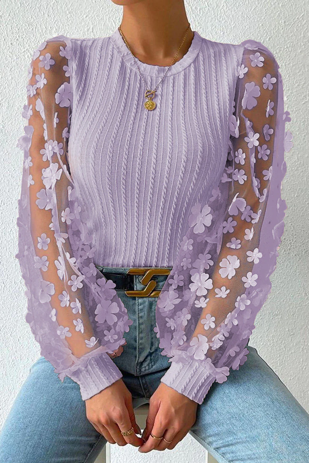 Textured Applique Long Sleeve Blouse - Image 19