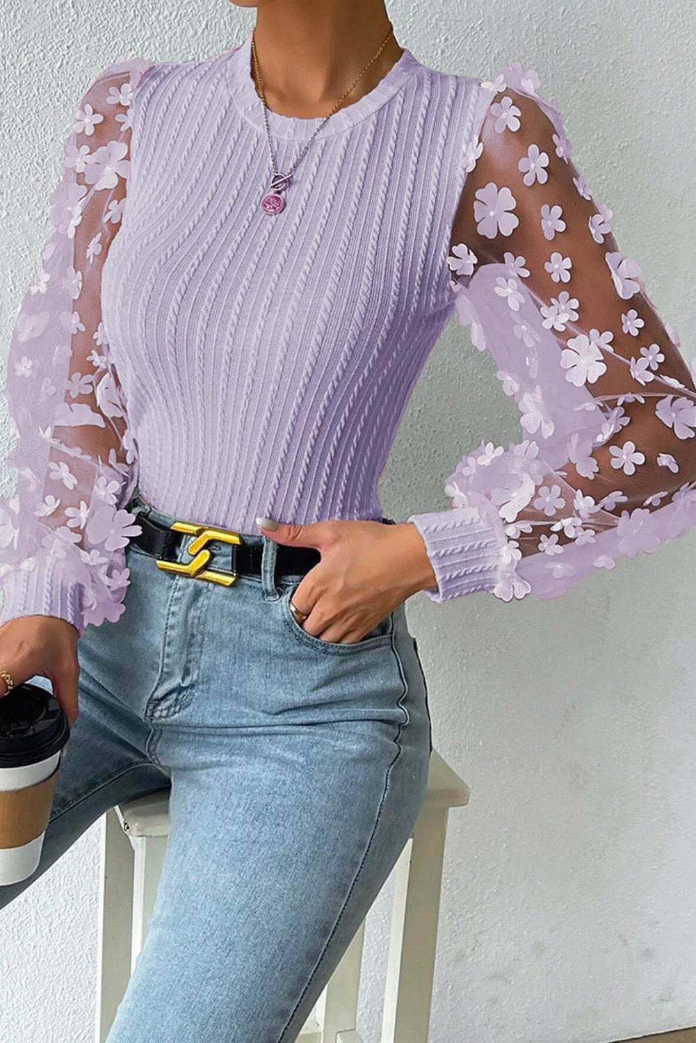Textured Applique Long Sleeve Blouse - Image 20