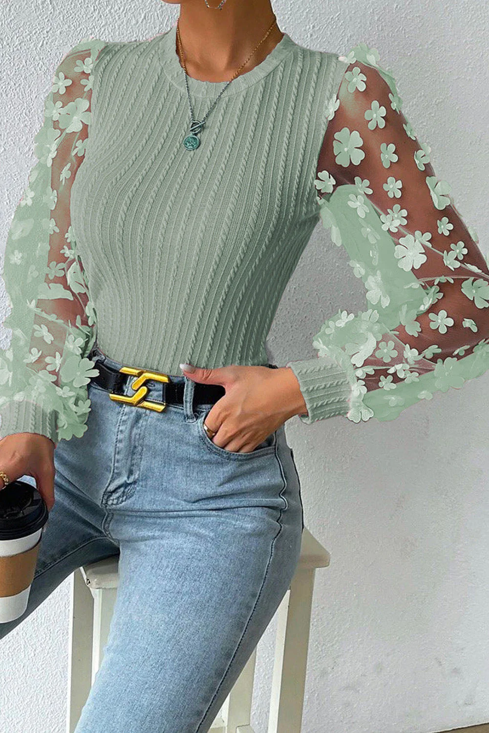 Textured Applique Long Sleeve Blouse - Image 23