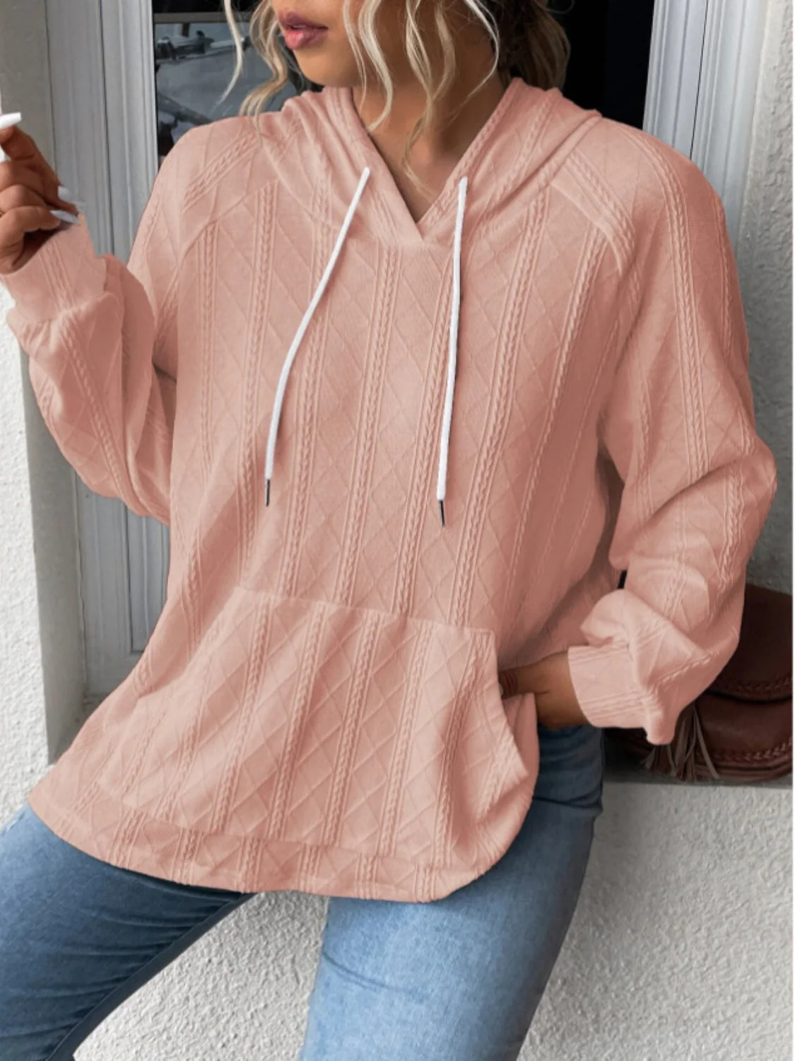 Textured Drawstring Kangaroo Pocket Hoodie - Image 10