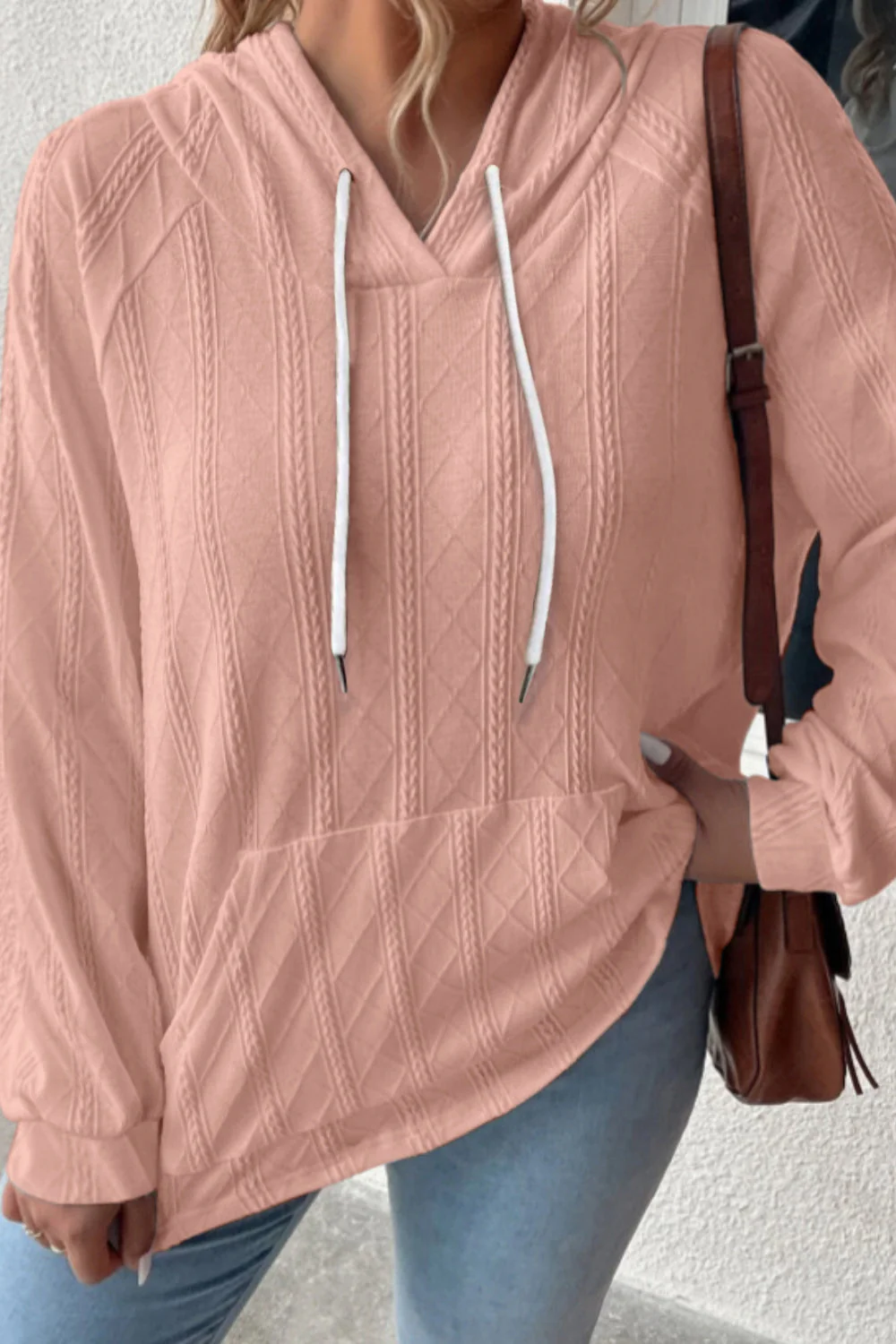 Textured Drawstring Kangaroo Pocket Hoodie - Image 11
