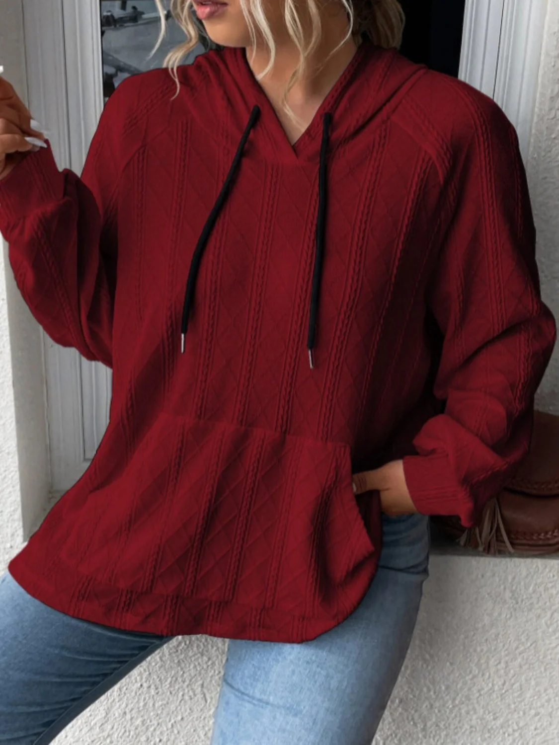 Textured Drawstring Kangaroo Pocket Hoodie - Image 13