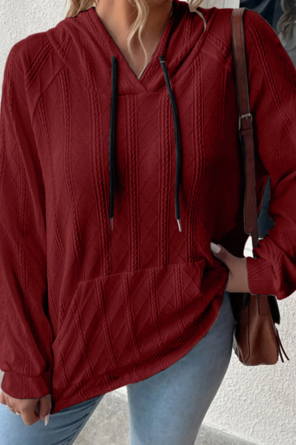 Textured Drawstring Kangaroo Pocket Hoodie - Image 14