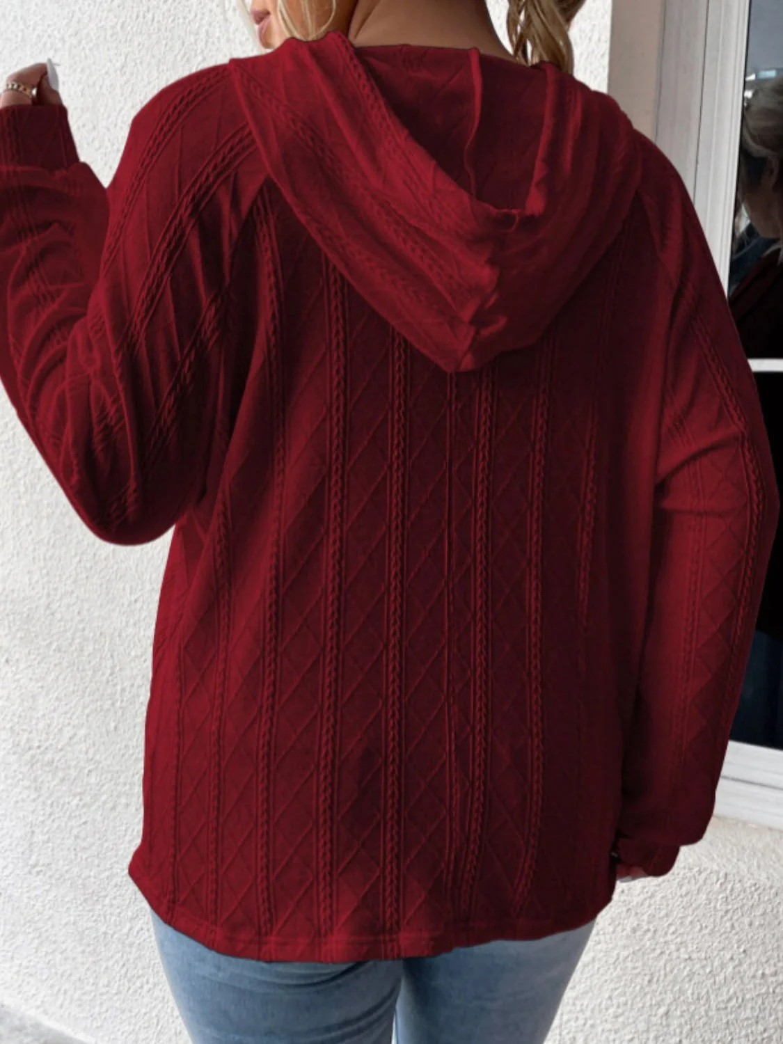 Textured Drawstring Kangaroo Pocket Hoodie - Image 15