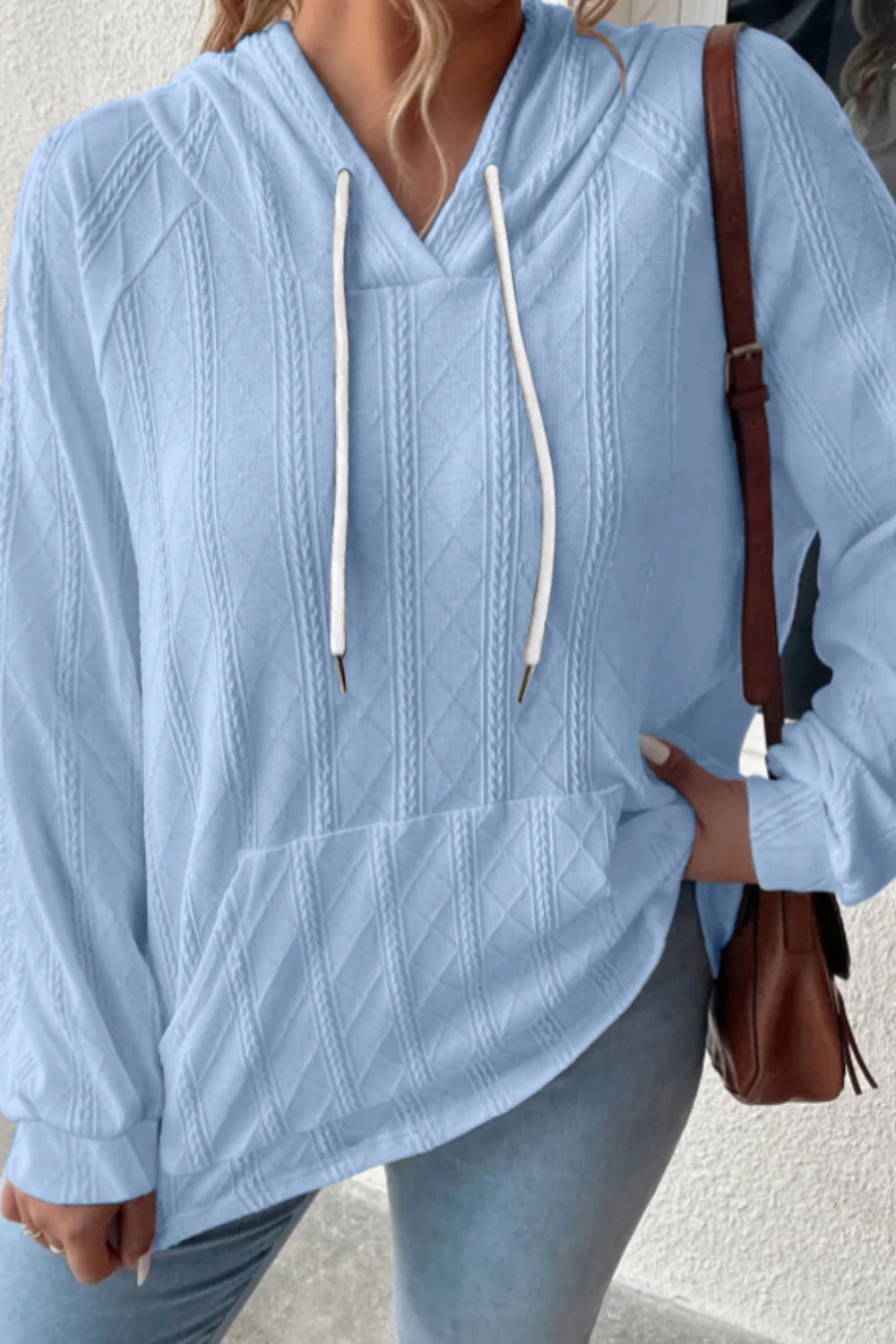 Textured Drawstring Kangaroo Pocket Hoodie - Image 17