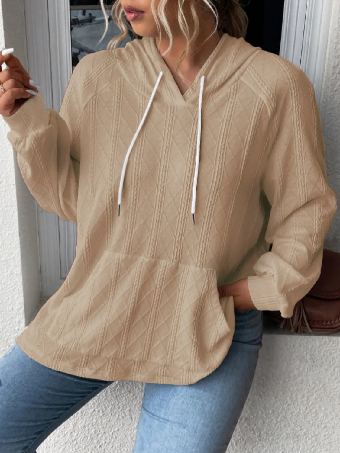 Textured Drawstring Kangaroo Pocket Hoodie - Image 19
