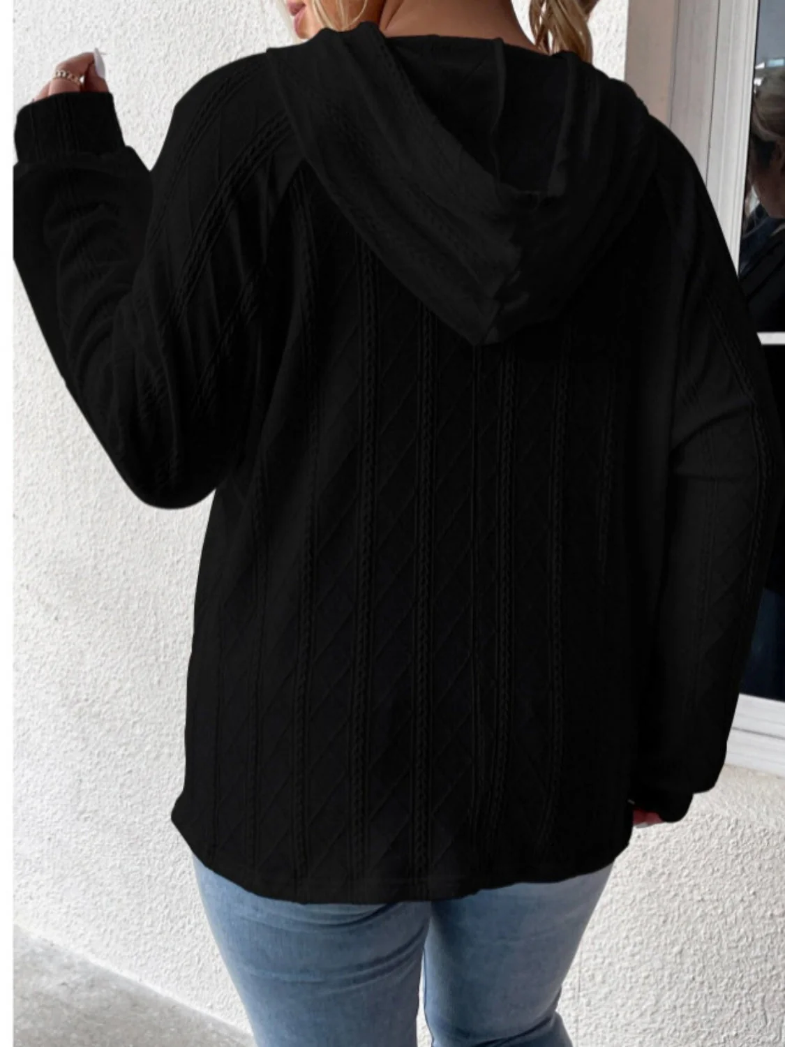 Textured Drawstring Kangaroo Pocket Hoodie - Image 2