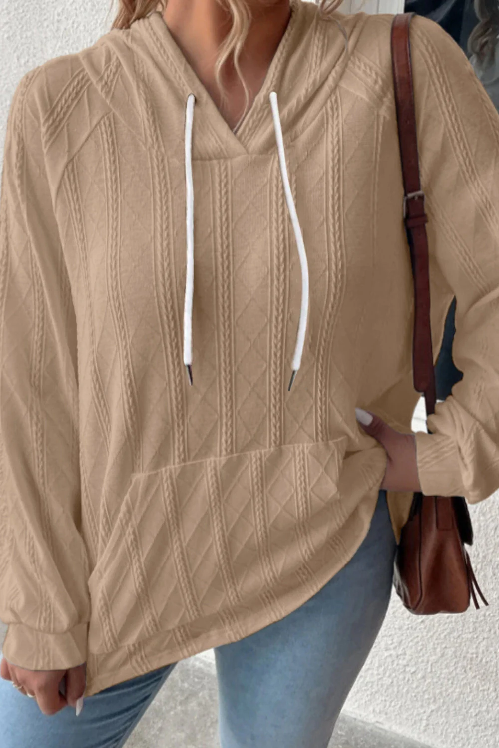 Textured Drawstring Kangaroo Pocket Hoodie - Image 20