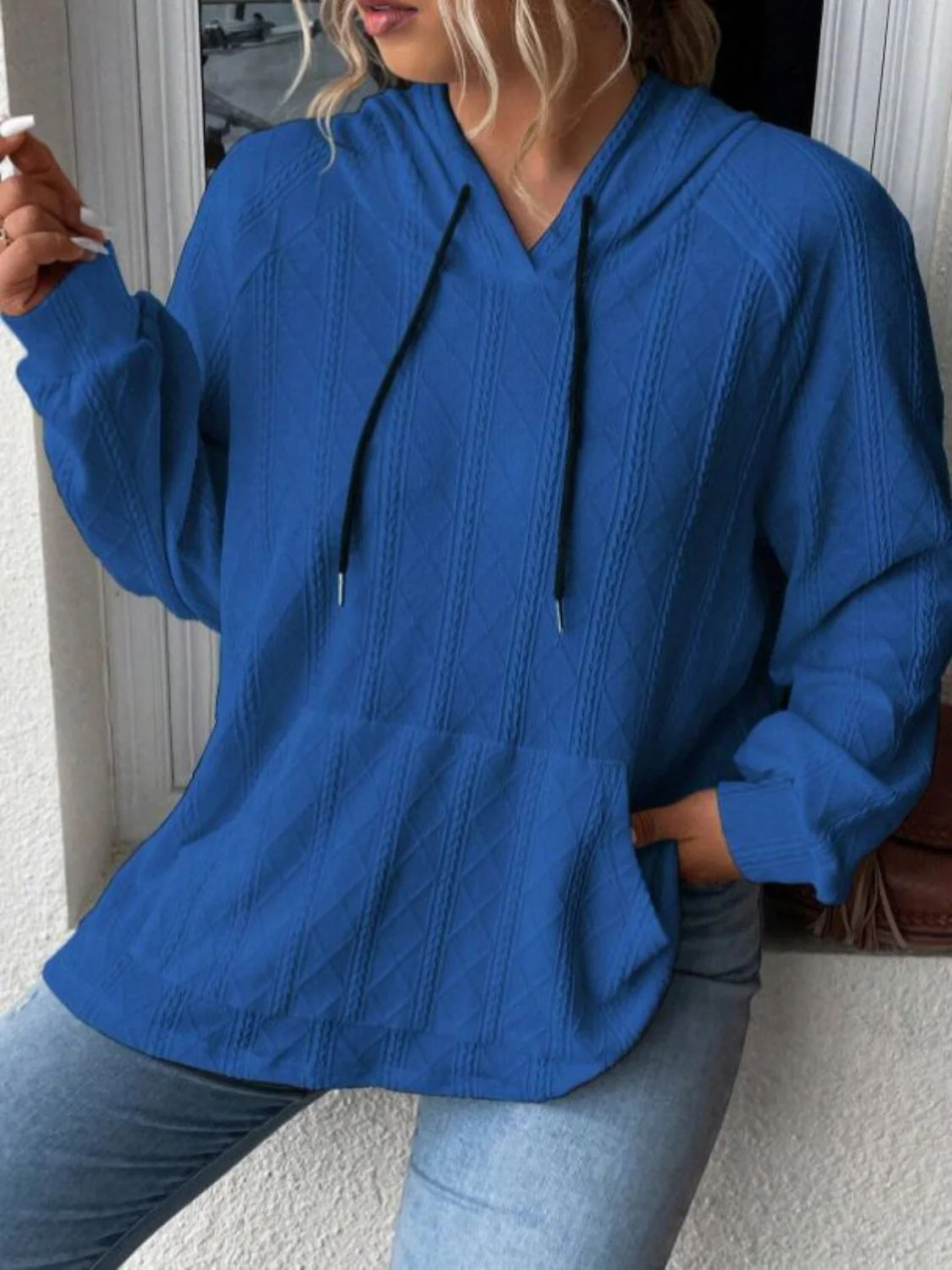 Textured Drawstring Kangaroo Pocket Hoodie - Image 22