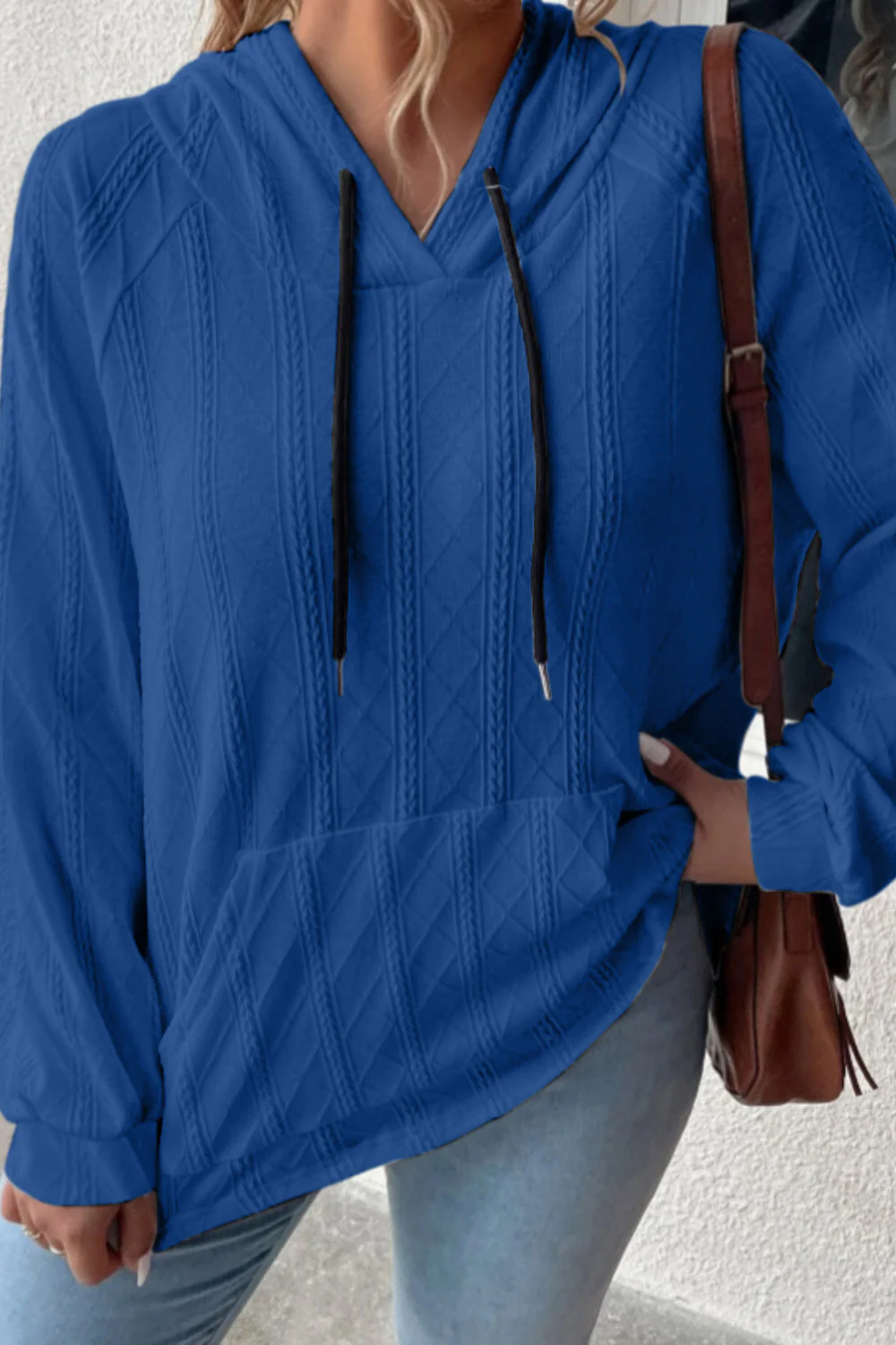 Textured Drawstring Kangaroo Pocket Hoodie - Image 23