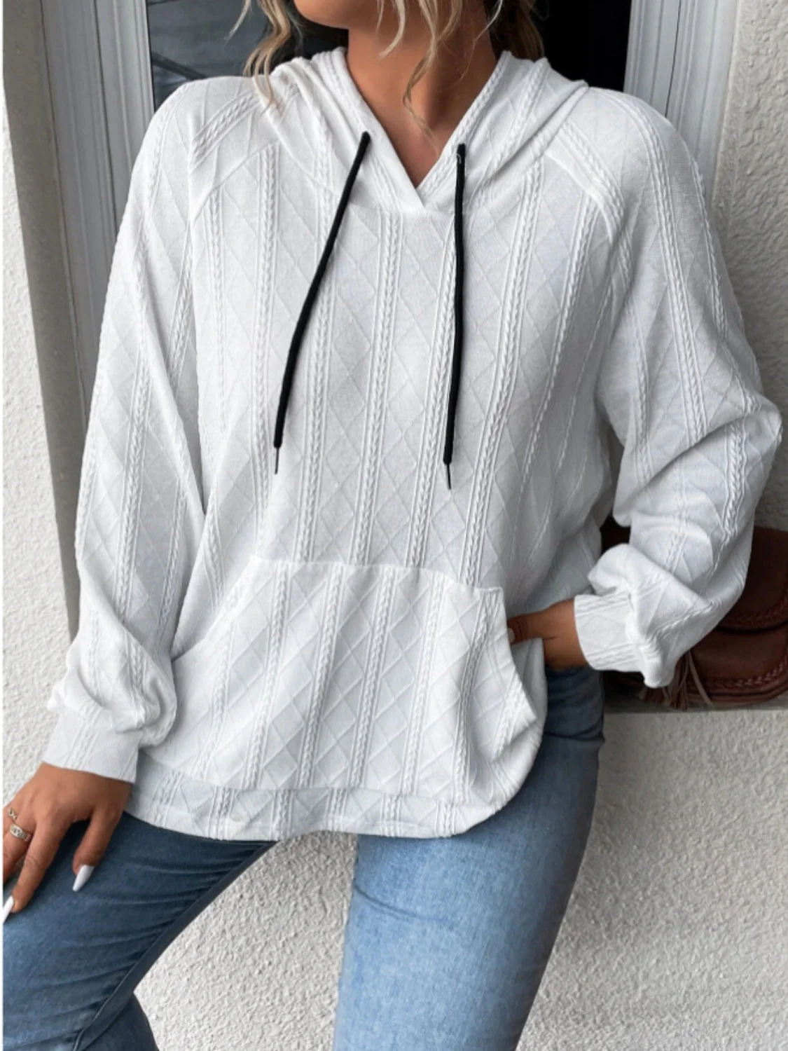 Textured Drawstring Kangaroo Pocket Hoodie - Image 4