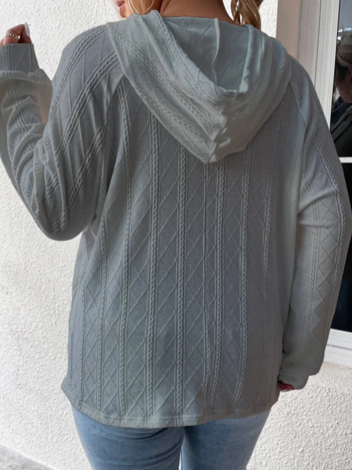 Textured Drawstring Kangaroo Pocket Hoodie - Image 8