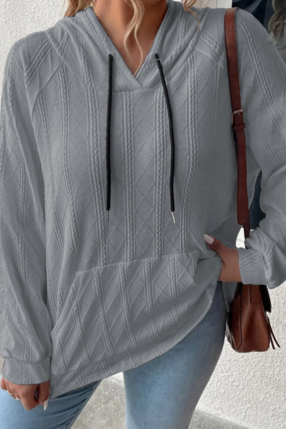 Textured Drawstring Kangaroo Pocket Hoodie - Image 9
