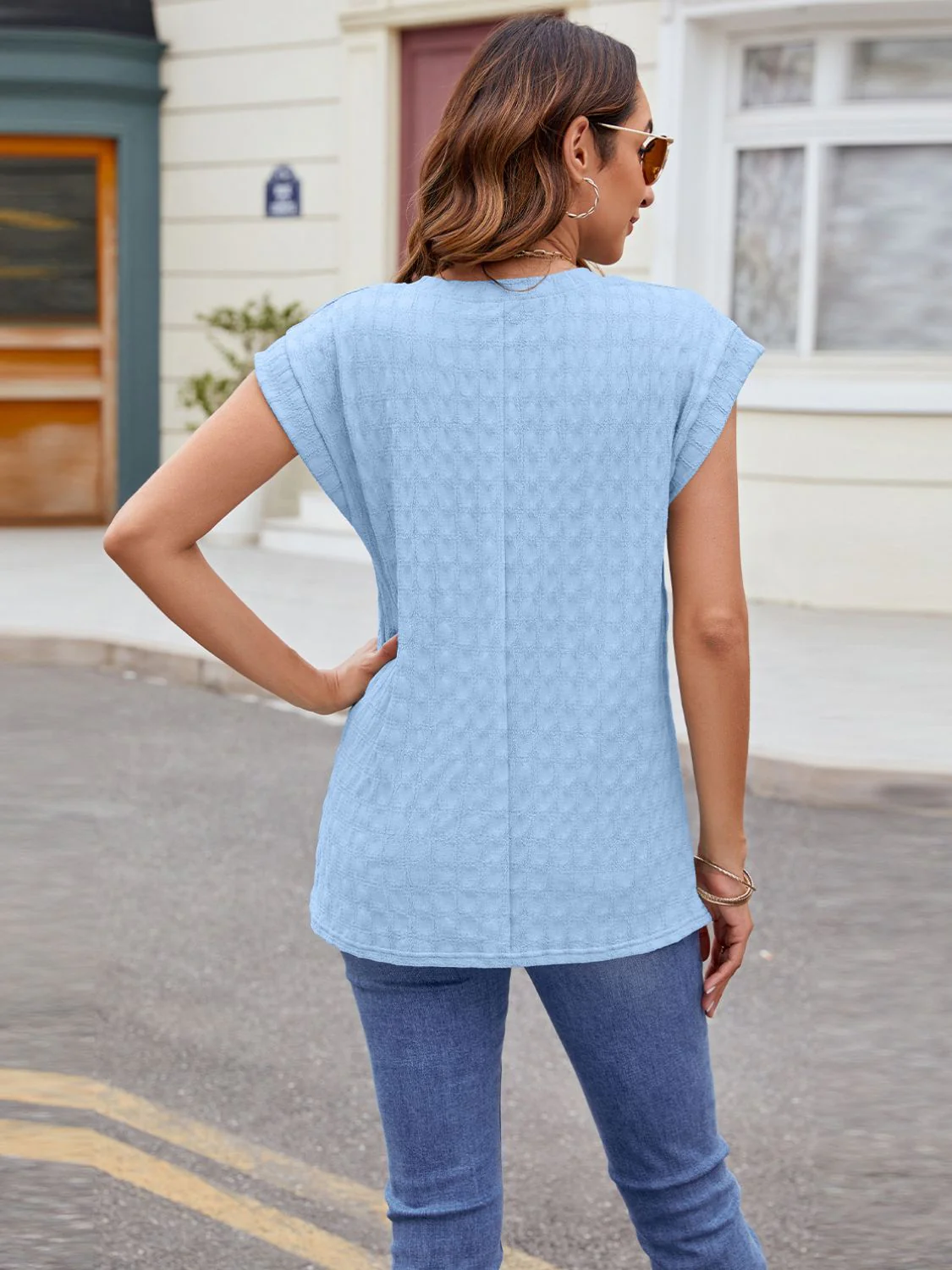 Textured Round Neck Cap Sleeve T-Shirt - Image 16