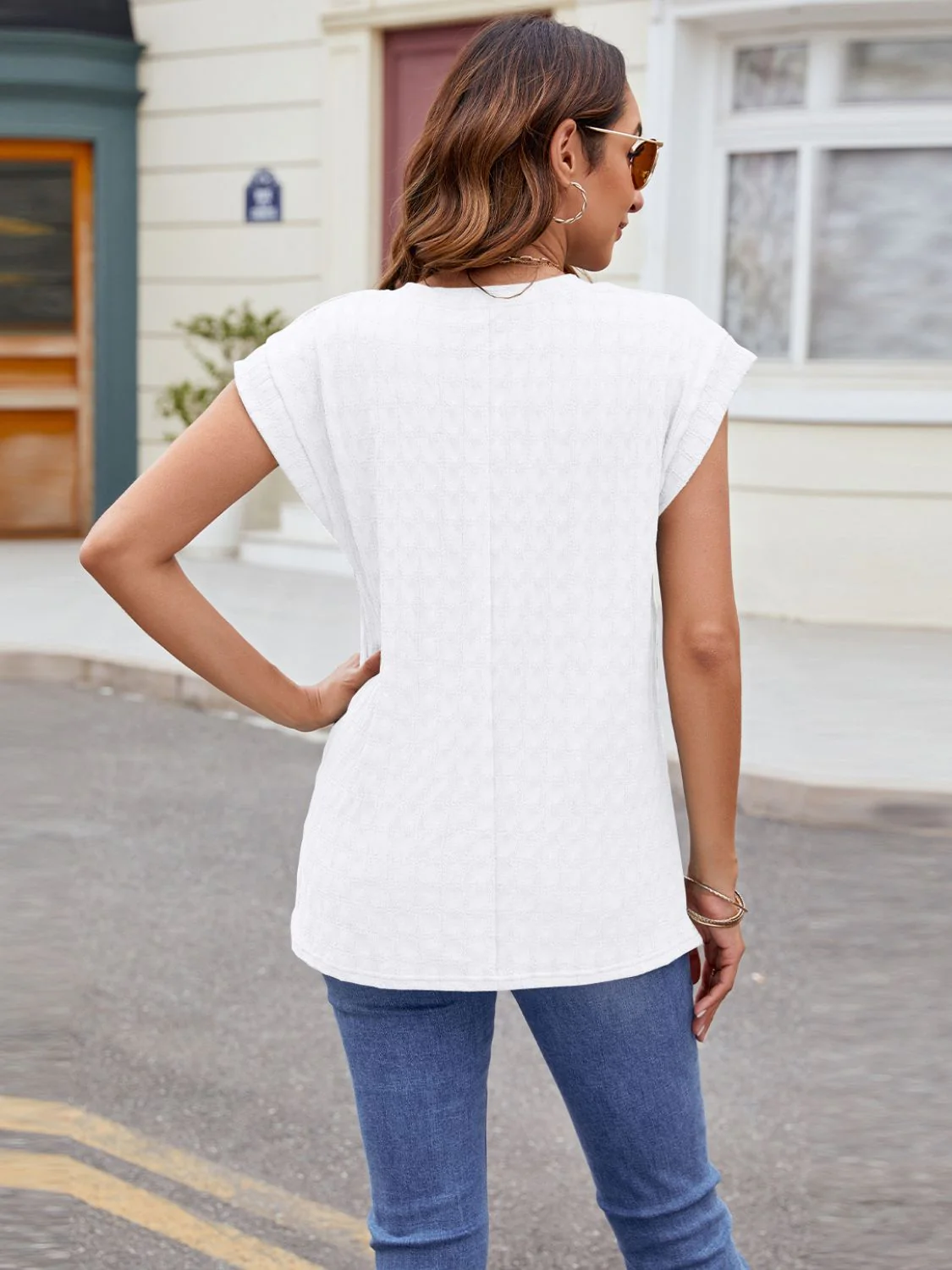 Textured Round Neck Cap Sleeve T-Shirt - Image 24