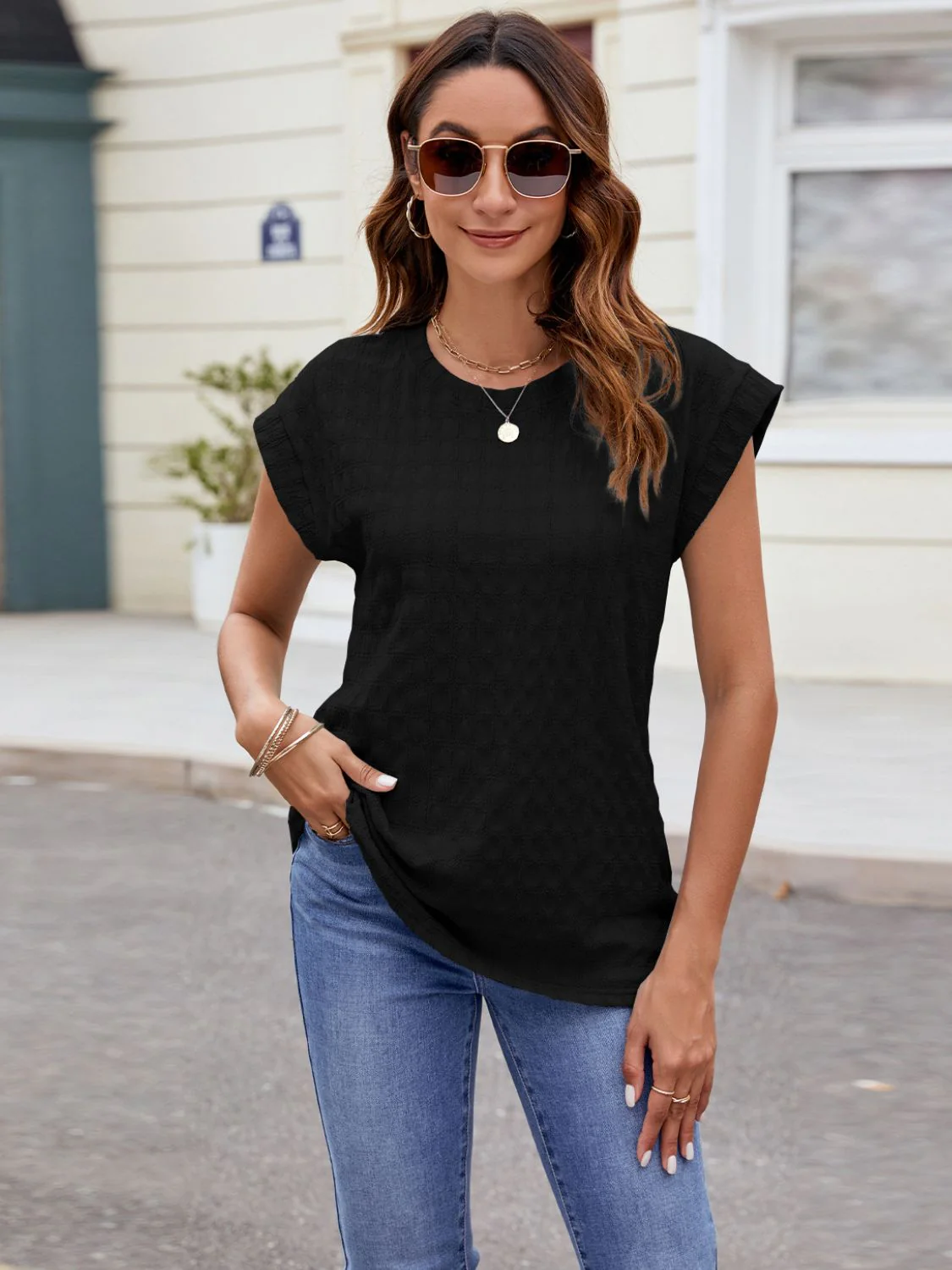 Textured Round Neck Cap Sleeve T-Shirt - Image 26