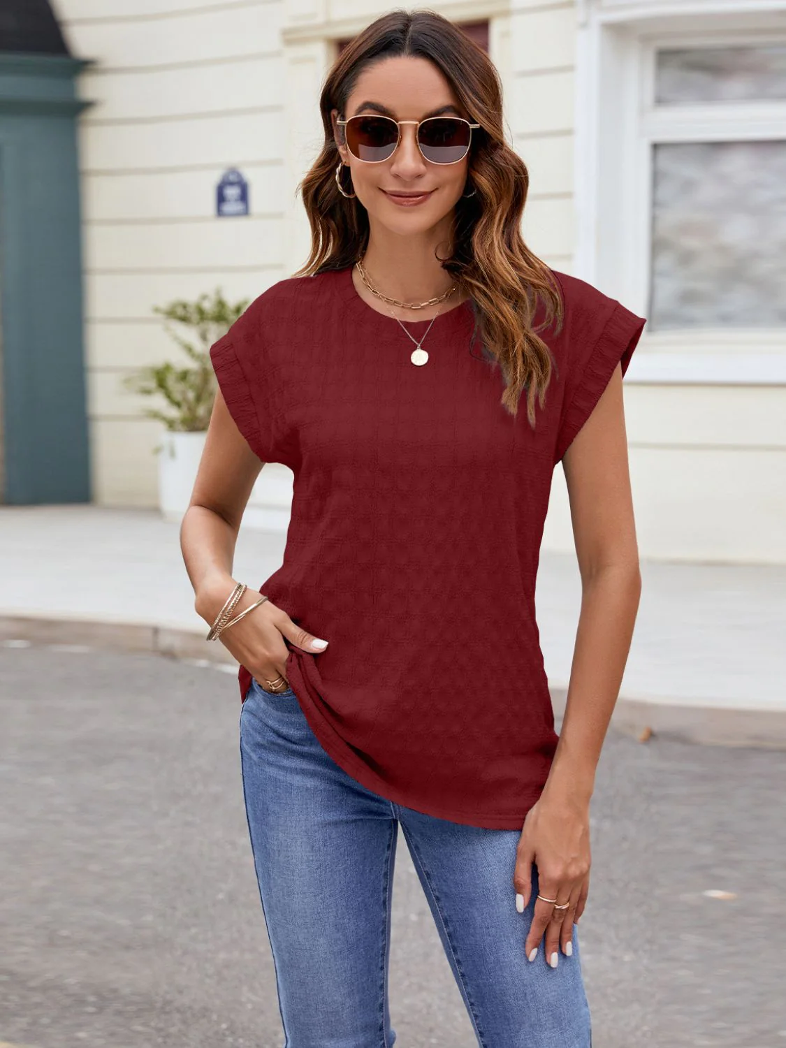 Textured Round Neck Cap Sleeve T-Shirt - Image 28