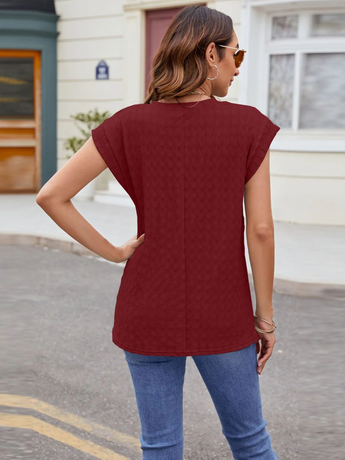 Textured Round Neck Cap Sleeve T-Shirt - Image 30