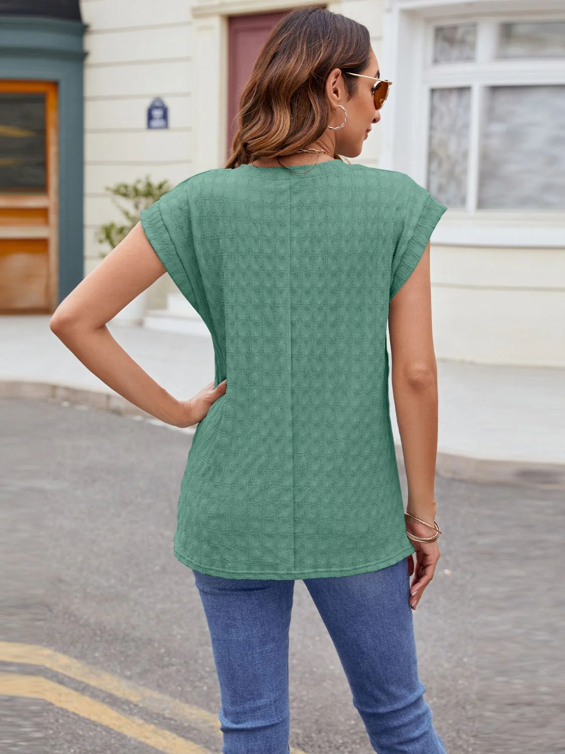 Textured Round Neck Cap Sleeve T-Shirt - Image 8