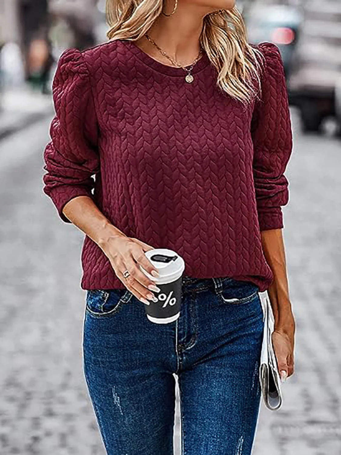Textured Round Neck Long Sleeve Sweatshirt - Image 10