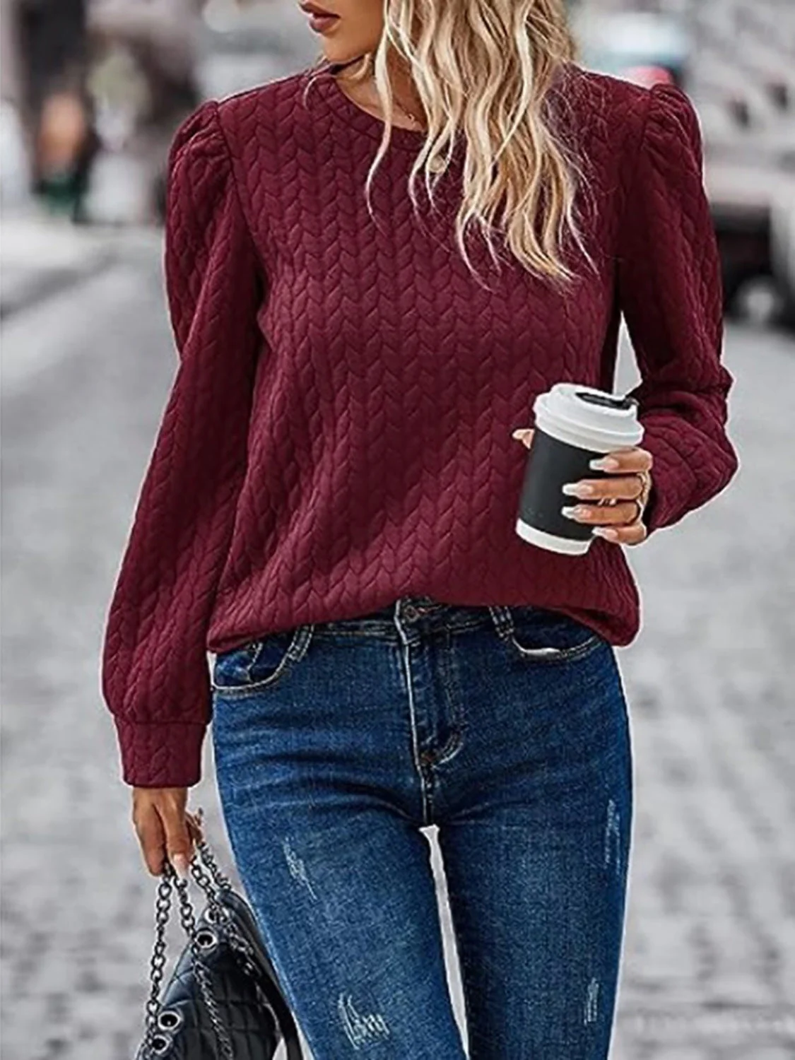 Textured Round Neck Long Sleeve Sweatshirt - Image 11