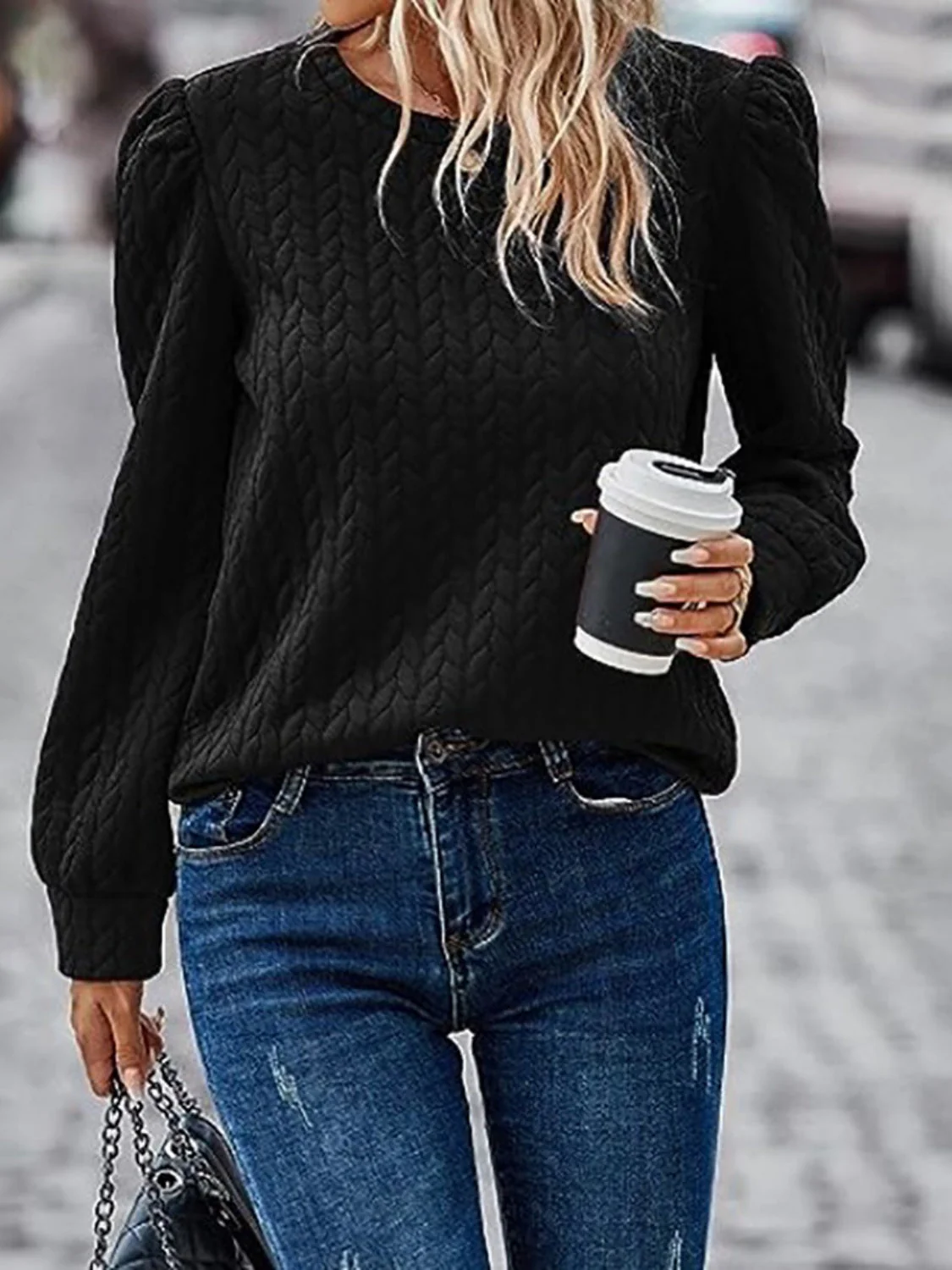 Textured Round Neck Long Sleeve Sweatshirt - Image 8