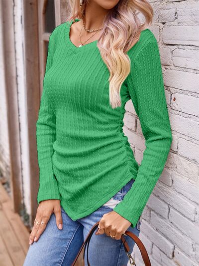 Textured Ruched V-Neck Long Sleeve T-Shirt - Image 3