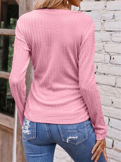 Textured Ruched V-Neck Long Sleeve T-Shirt - Image 8