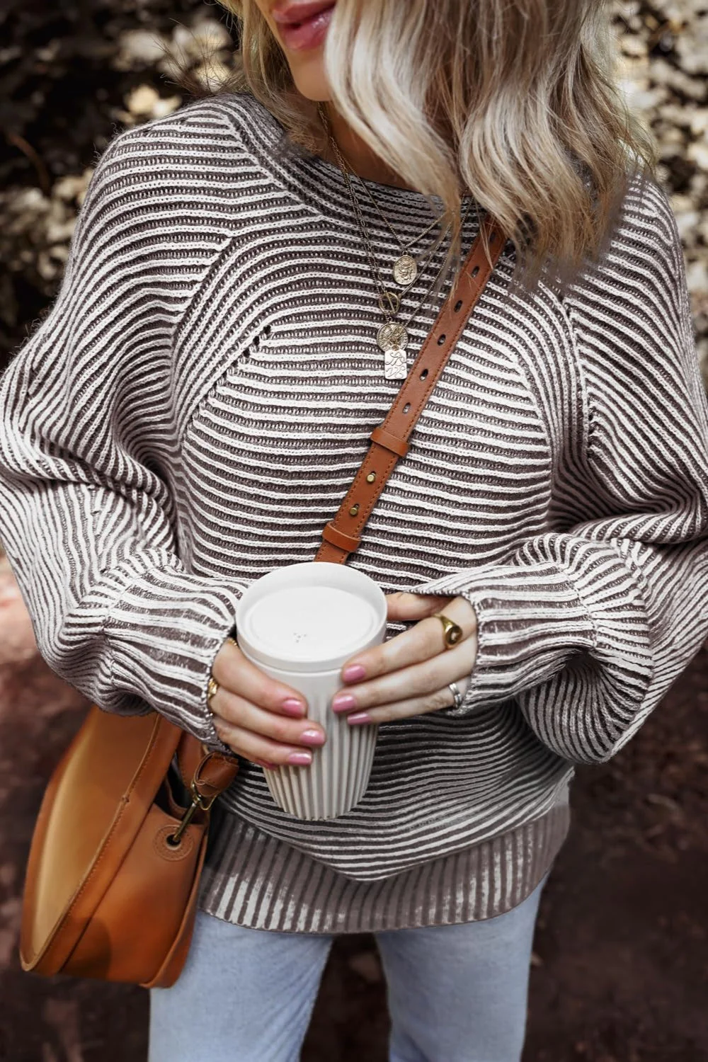 Textured Striped Round Neck Long Sleeve Top - Image 12