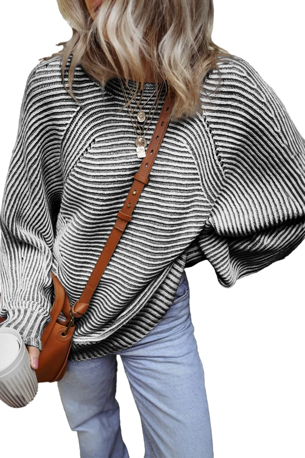 Textured Striped Round Neck Long Sleeve Top - Image 2