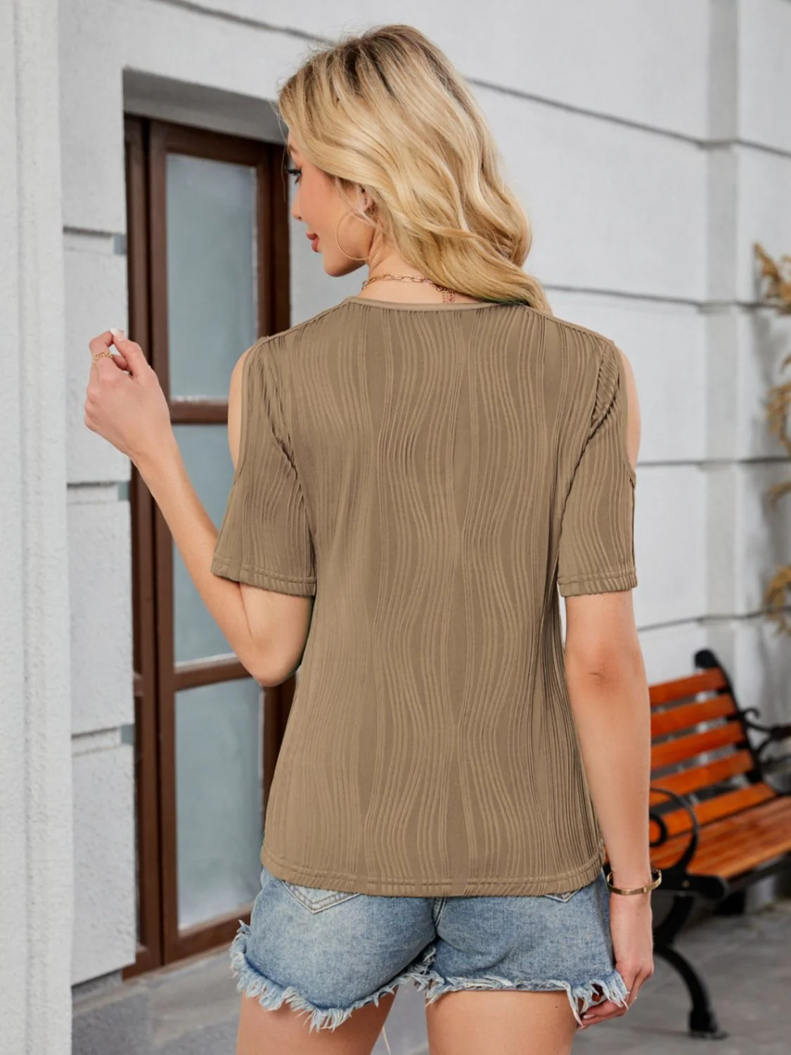Textured V-Neck Cold Shoulder Top - Image 15