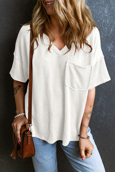 Textured V-Neck Dropped Shoulder T-Shirt - Image 11