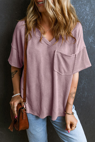Textured V-Neck Dropped Shoulder T-Shirt - Image 13