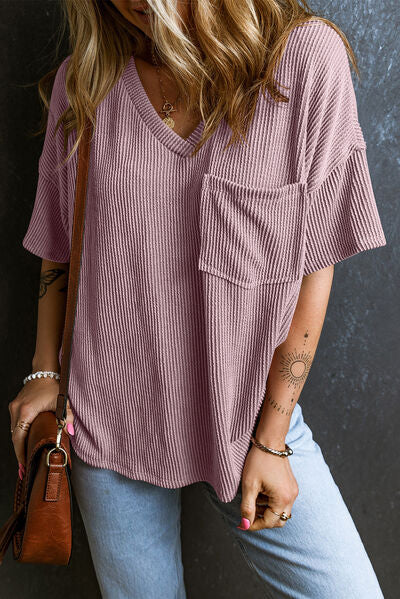 Textured V-Neck Dropped Shoulder T-Shirt - Image 15