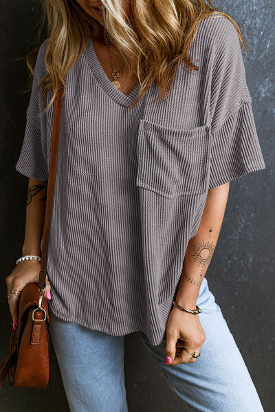 Textured V-Neck Dropped Shoulder T-Shirt - Image 18