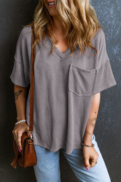 Textured V-Neck Dropped Shoulder T-Shirt - Image 19