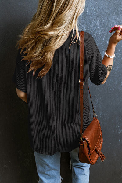 Textured V-Neck Dropped Shoulder T-Shirt - Image 2